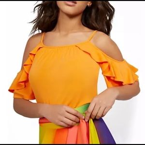 New York and Company Ruffled Cold-Shoulder Top 7th Avenue Black Sexy Ora…
